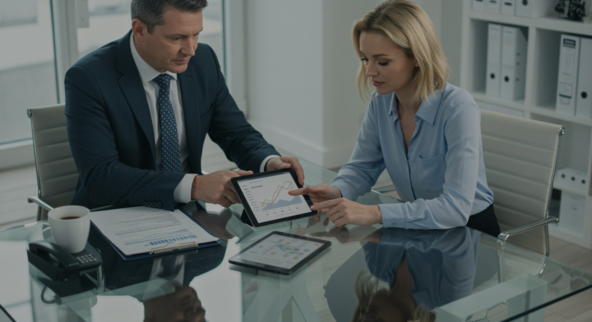 "Contador y empresaria revisando planes de precios en una oficina minimalista, reflejando servicios financieros personalizados para pequeñas empresas."