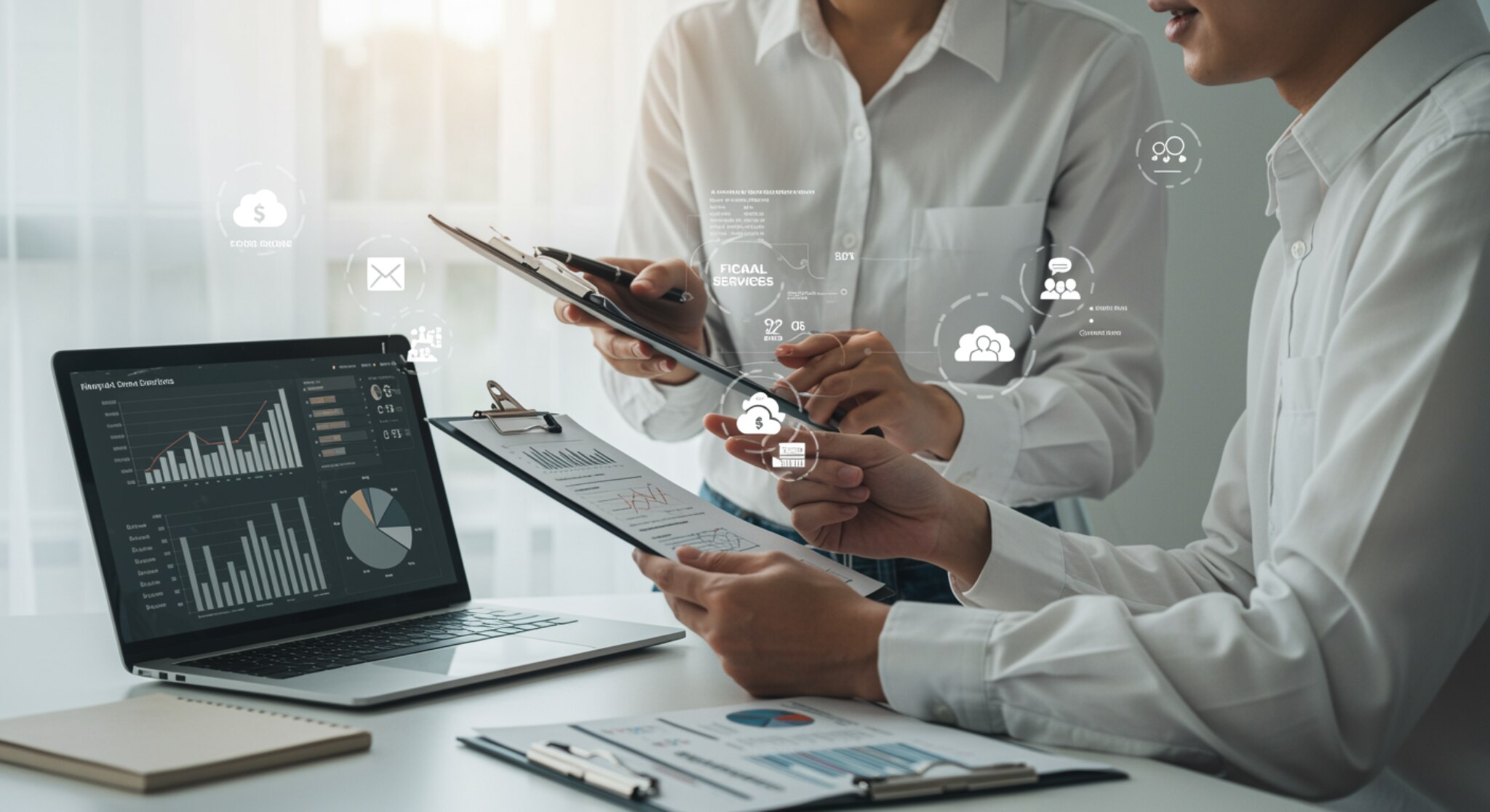 "Ilustración fotorealista de un moderno ambiente de oficina con profesionales revisando informes financieros y utilizando tecnología avanzada en contabilidad."