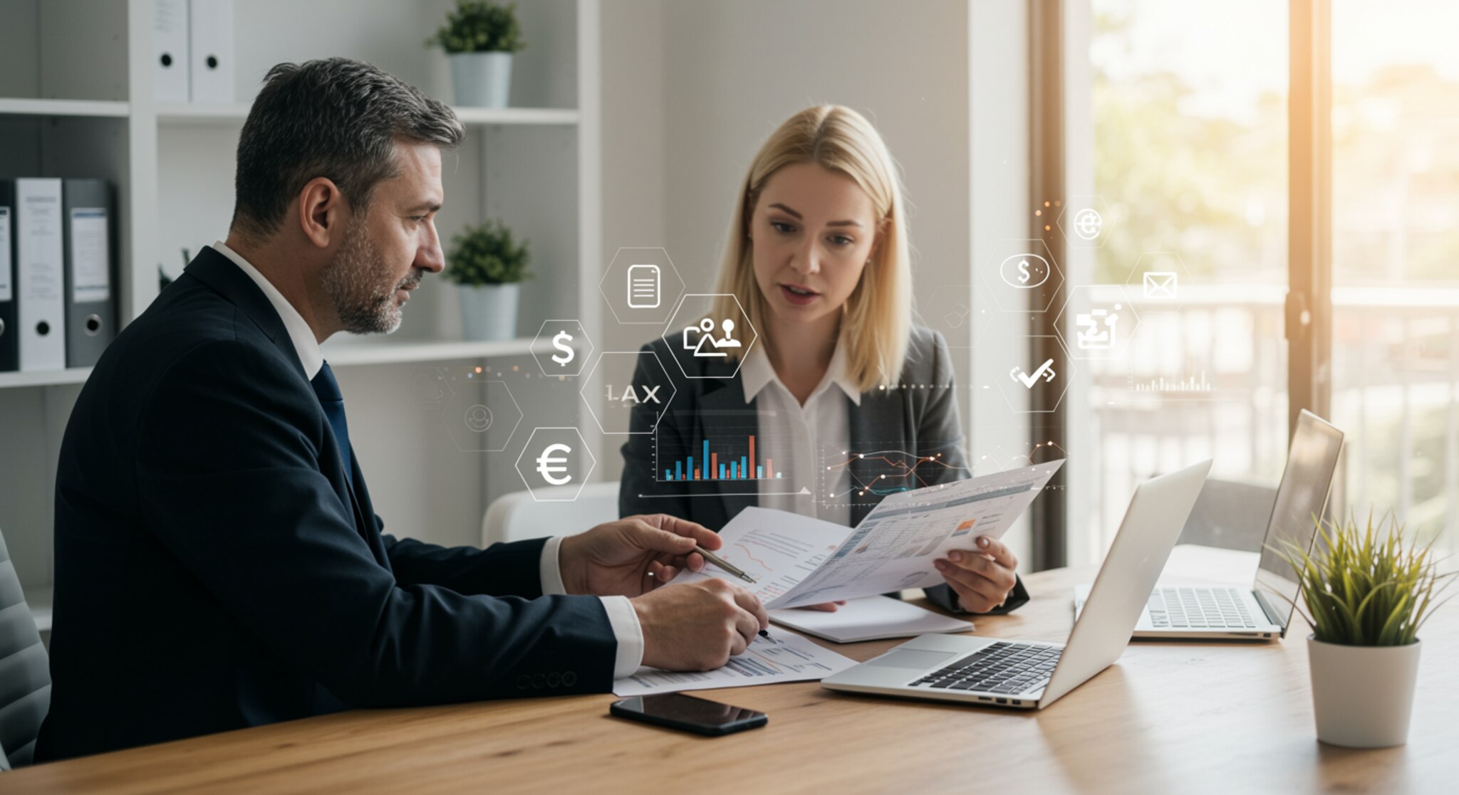 "Ilustración corporativa moderna en alta resolución que muestra un asesor financiero y su asistente revisando documentos en una oficina luminosa, ideal para páginas de consultoría de negocios."