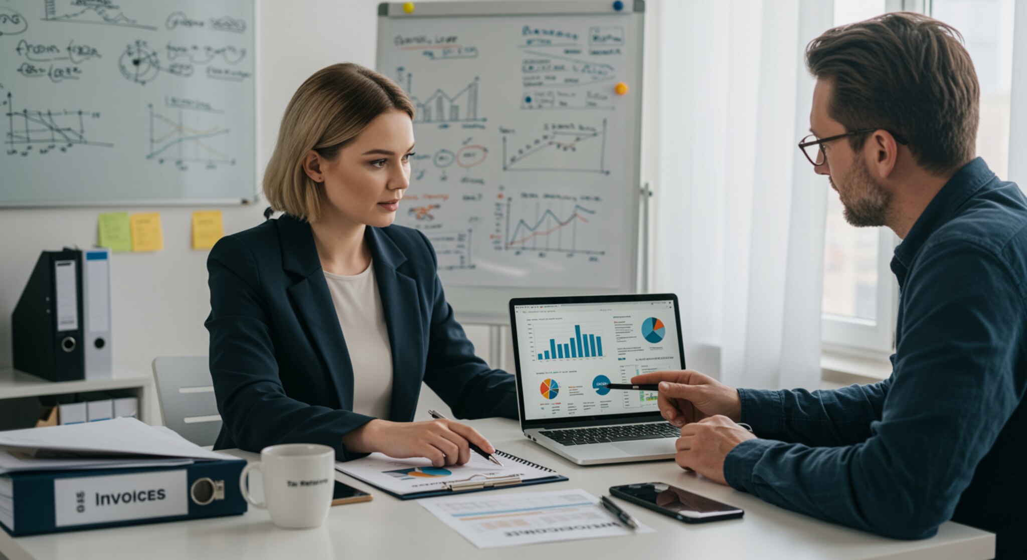 imagen26 "Escena profesional de contabilidad en oficina moderna: mujer contadora y hombre empresario revisan gráficos financieros en laptop, rodeados de documentos organizados y luz natural."